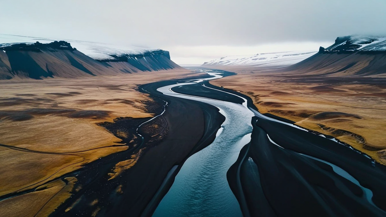 pemandangan drone dari sungai gelap yang berkelok-kelok melalui lanskap Islandia yang mencolok, kualitas sinematik