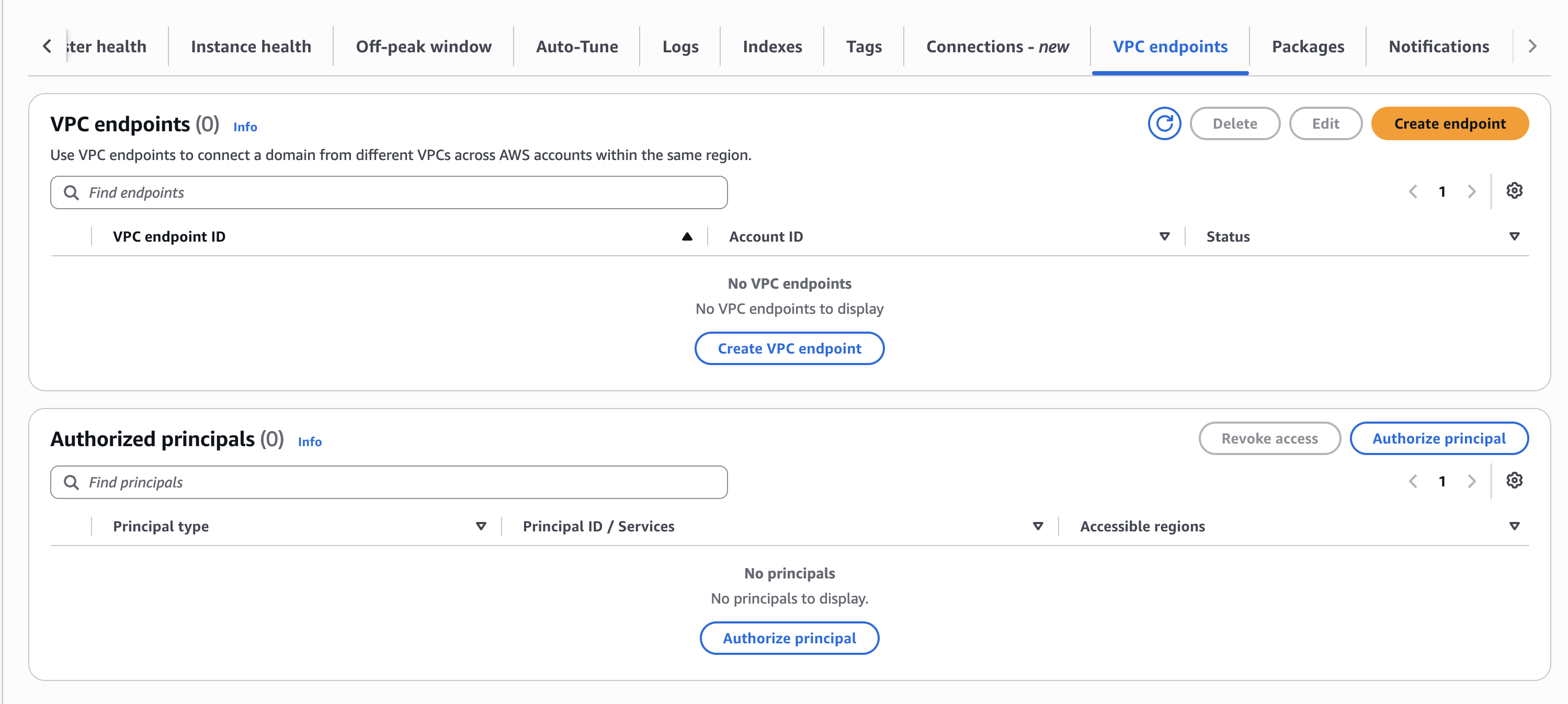 Tab titik akhir VPC dengan titik akhir VPC dan panel prinsipal resmi.