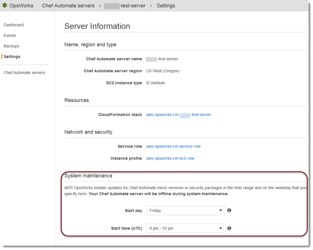 Pengaturan Chef Automate Server, menampilkan bagian pemeliharaan Sistem.