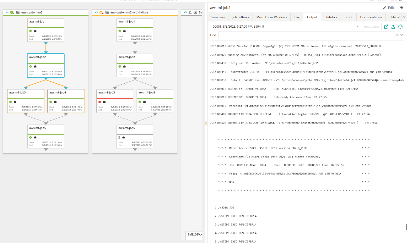 Diagram alur kerja di sisi kiri, memantau output pada Output tab di panel sisi kanan.