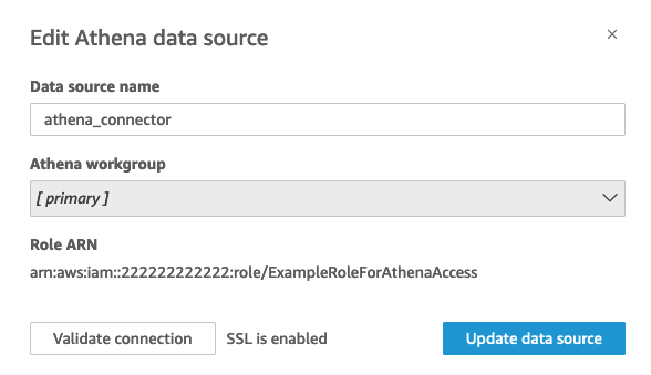 Muncul sumber data Edit Athena yang menampilkan peran ARN.