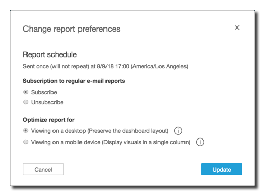 Perubahan report preferences dialog with options for schedule, subscription, and viewing optimization.