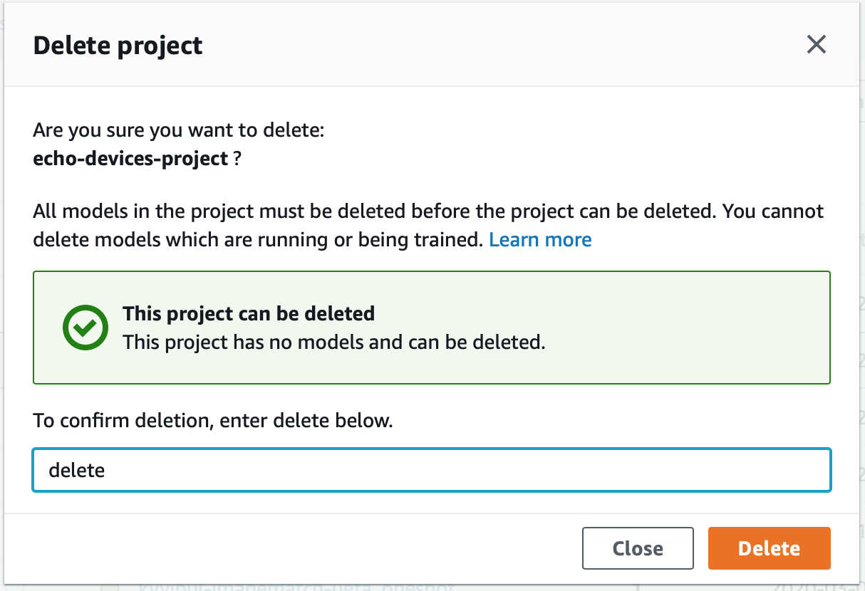 Kotak dialog mengkonfirmasikan penghapusan proyek echo-devices-project "" tanpa model.