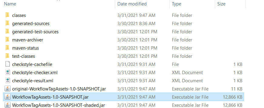 Jendela file explorer menunjukkan folder target dengan file JAR seperti WorkflowTagAssets -1.0-snapshot.jar dan file dan folder proyek lainnya.