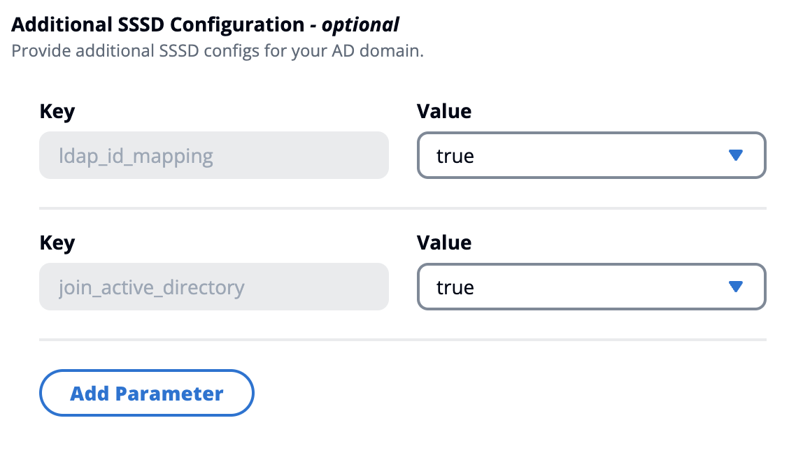 SSSD configuration interface with options for ldap_id_mapping and join_active_directory.
