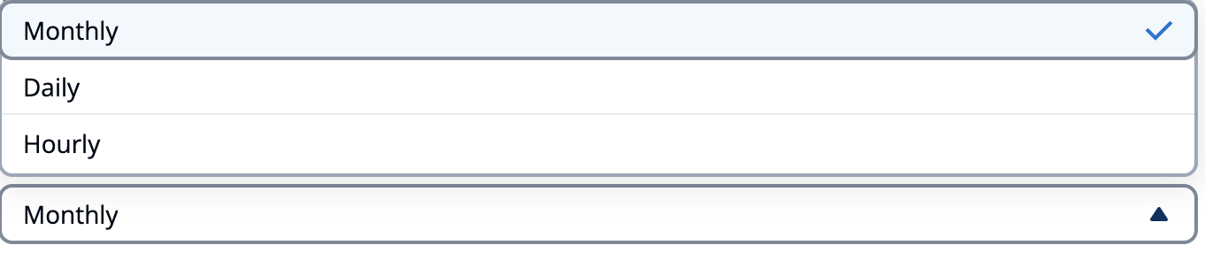 Dropdown menu showing Monthly selected, with Daily and Hourly options available.