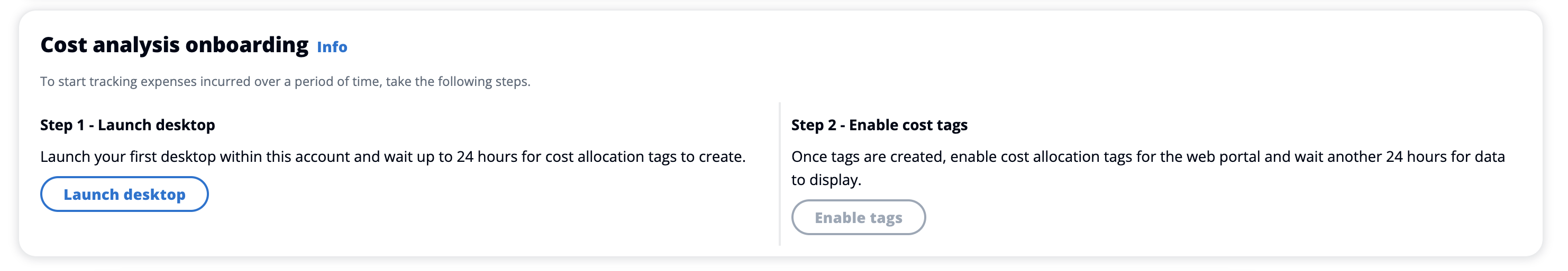 Two-step process for cost analysis onboarding: Launch desktop and Enable cost tags.