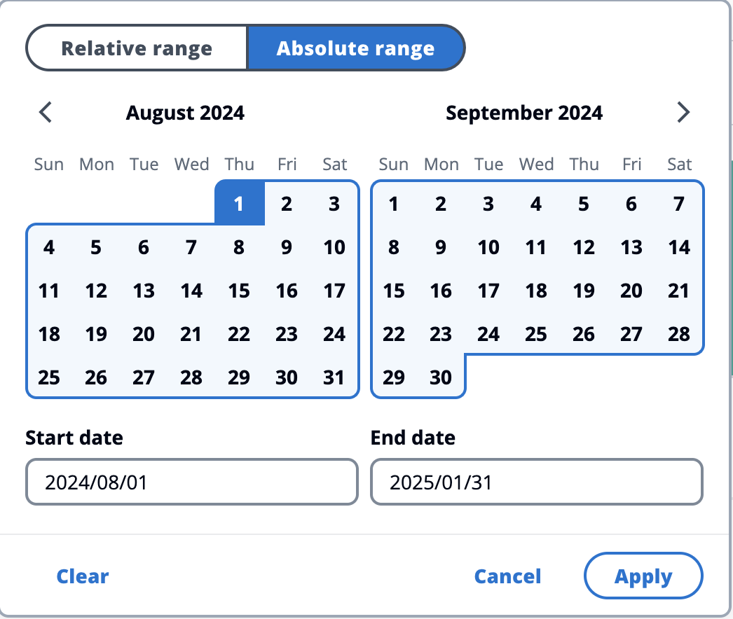 Calendar view showing August and September 2024 with date range selection from 2024/08/01 to 2025/01/31.