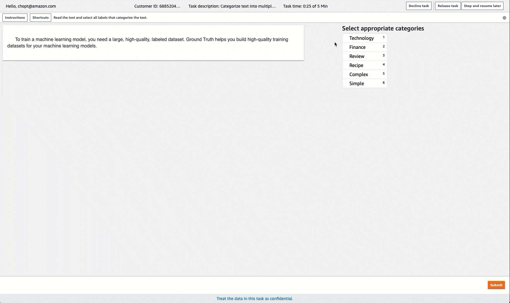 Gif menunjukkan cara membuat pekerjaan pelabelan klasifikasi teks multi-label di konsol Amazon SageMaker AI.