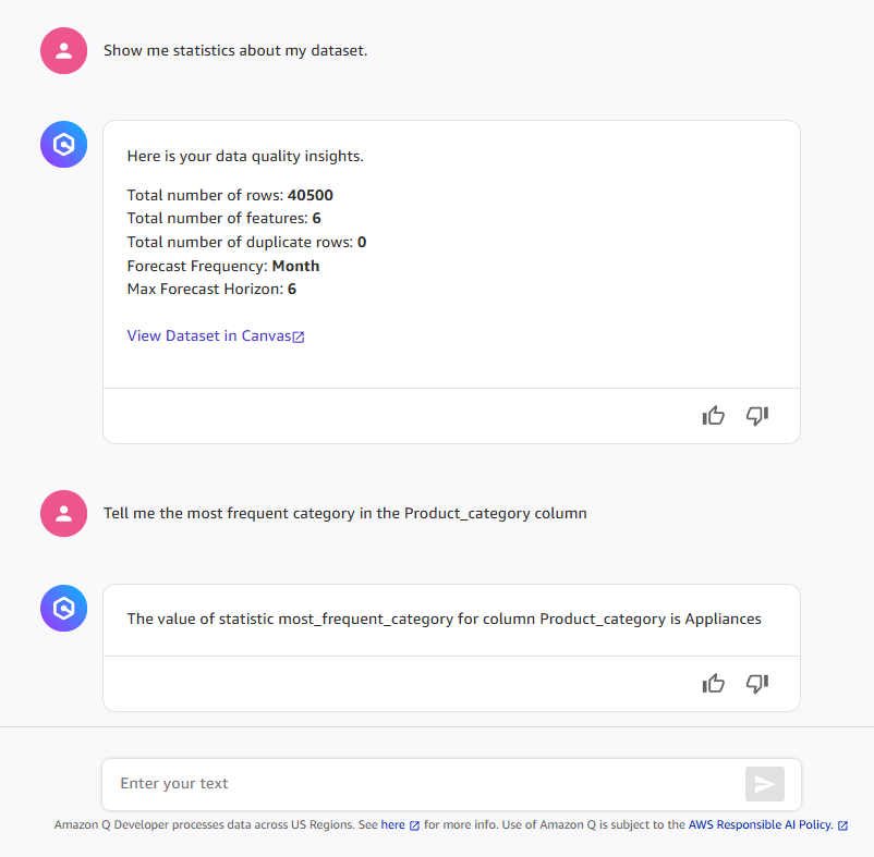 Dialog obrolan meminta Q Developer untuk memberikan statistik dataset dan statistik kategori yang paling sering.
