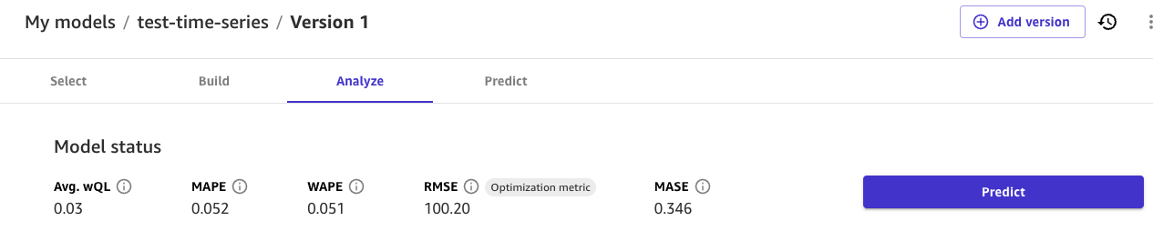 Tangkapan layar metrik pengoptimalan RMSE pada tab Analisis di Canvas.