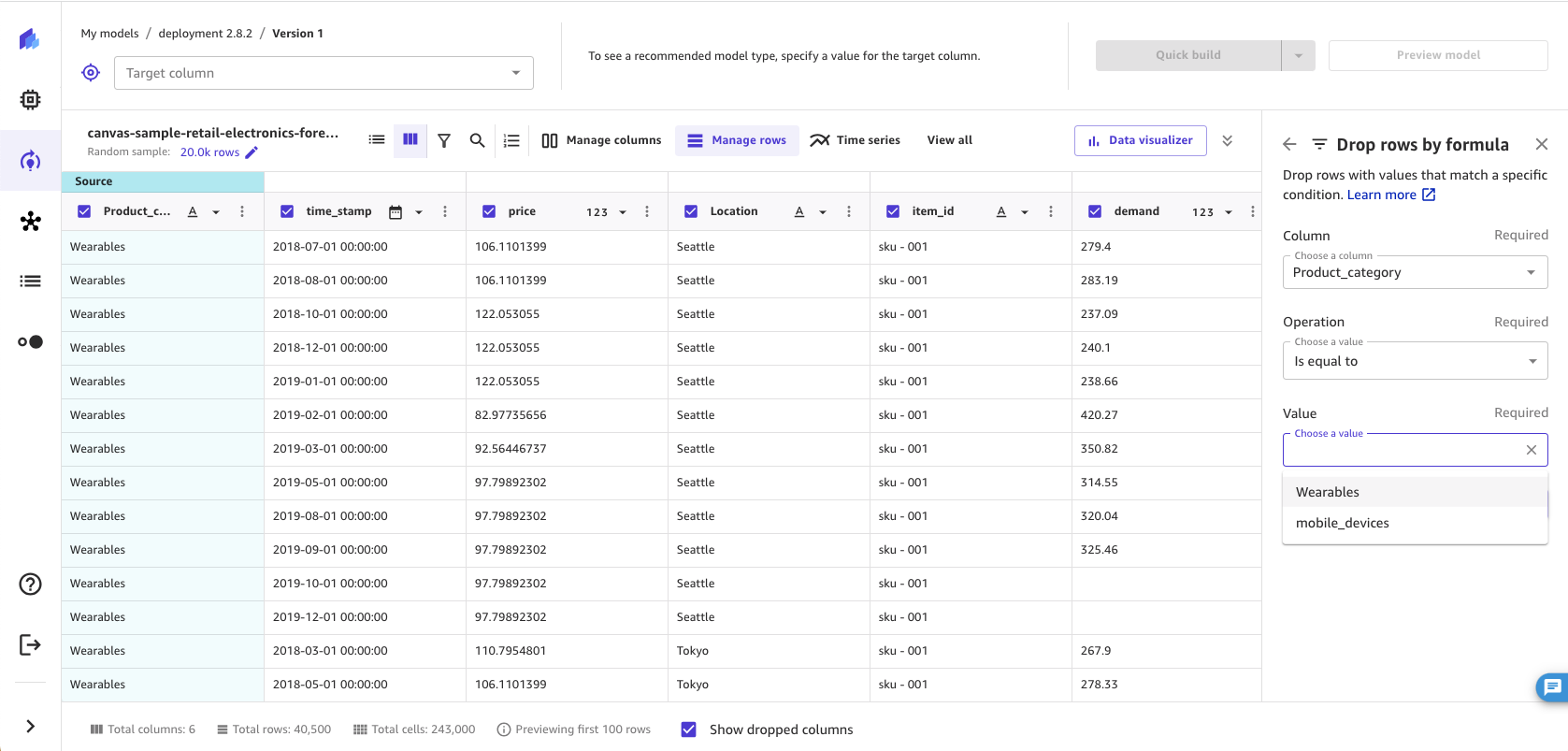 Screenshot dari baris hapus dengan operasi nilai kustom di aplikasi SageMaker Canvas.