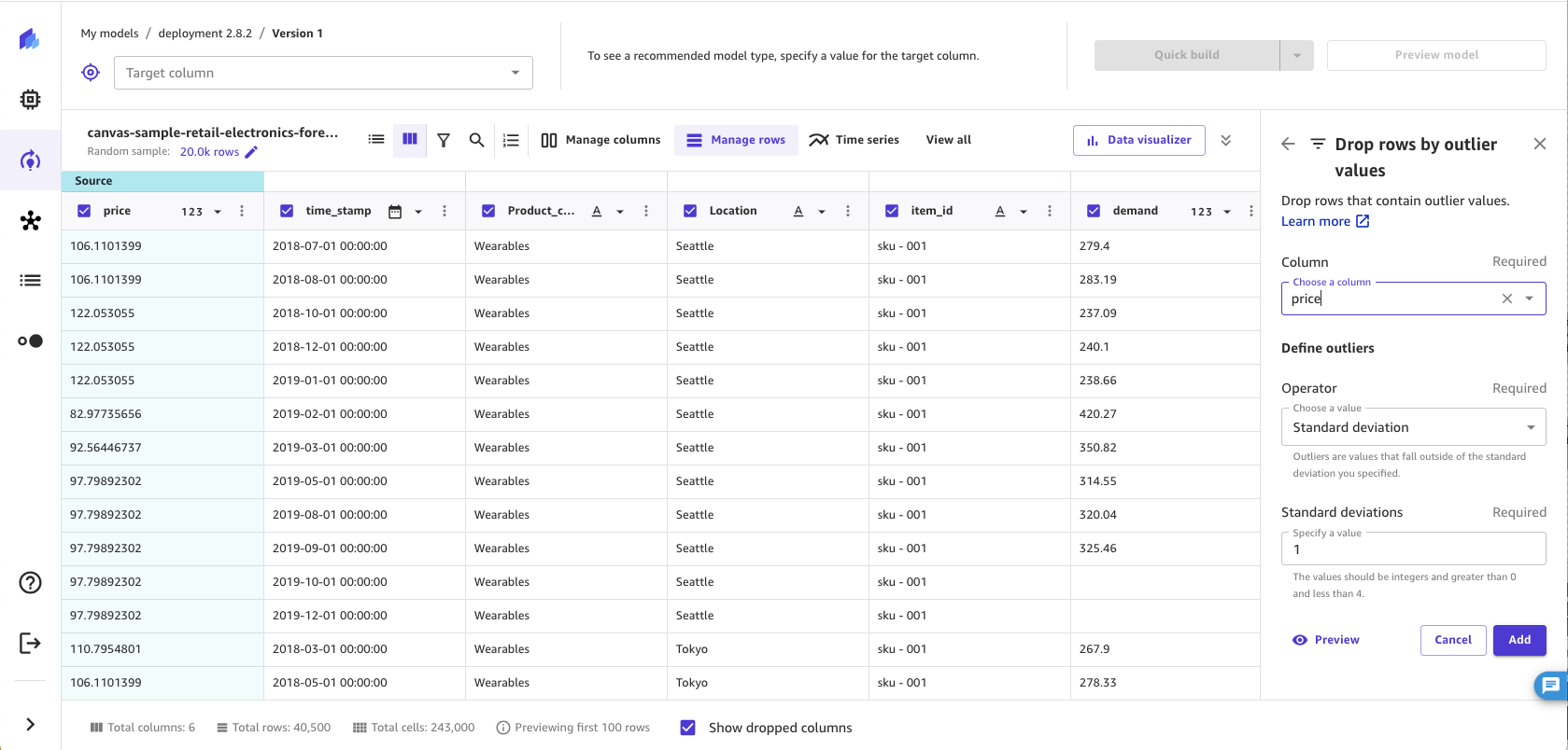 Tangkapan layar dari baris hapus dengan operasi outlier di aplikasi SageMaker Canvas.