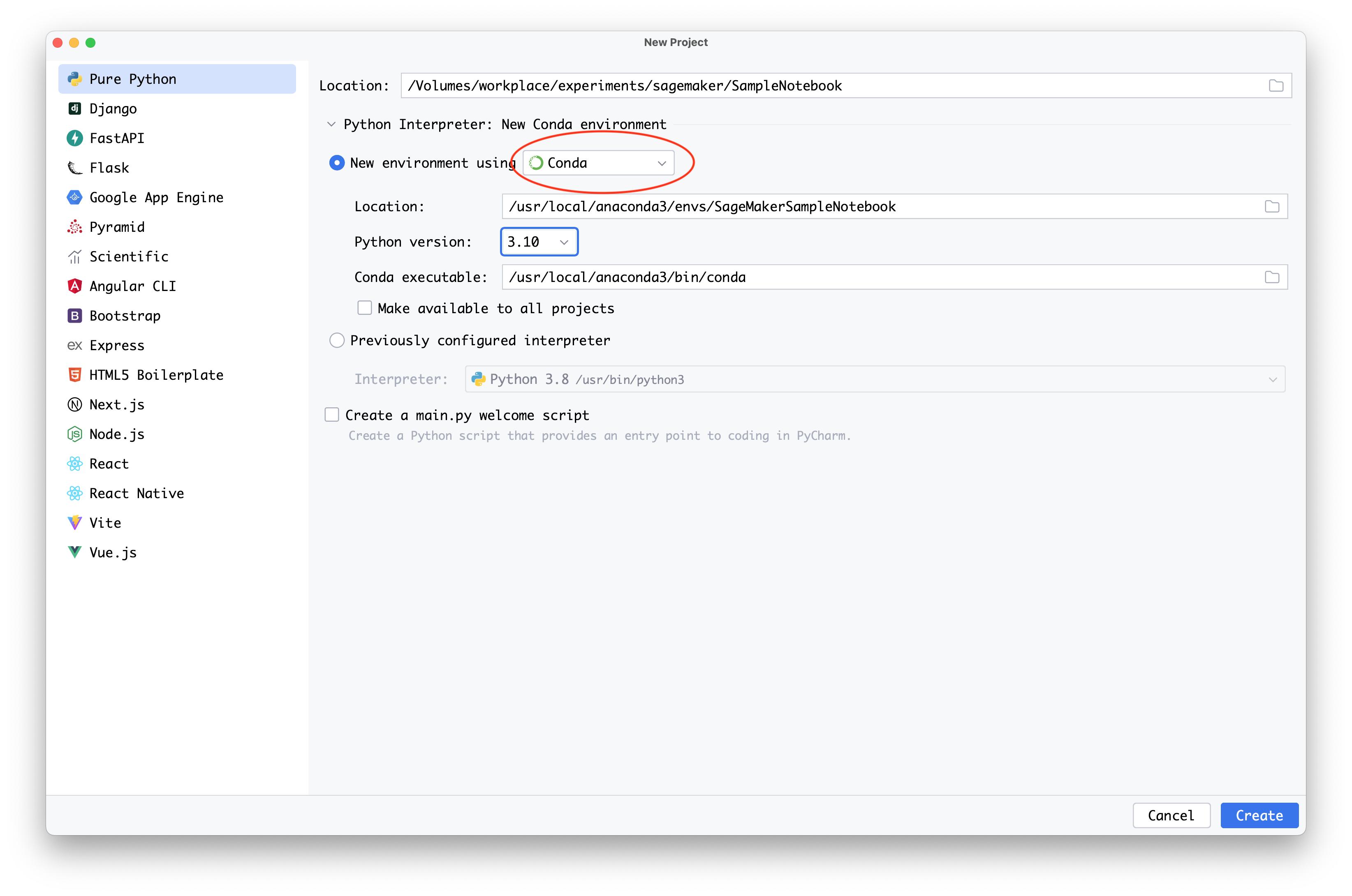 Lingkungan baru Python dipilih sebagai Conda, dengan versi Python dipilih pada 3.10.