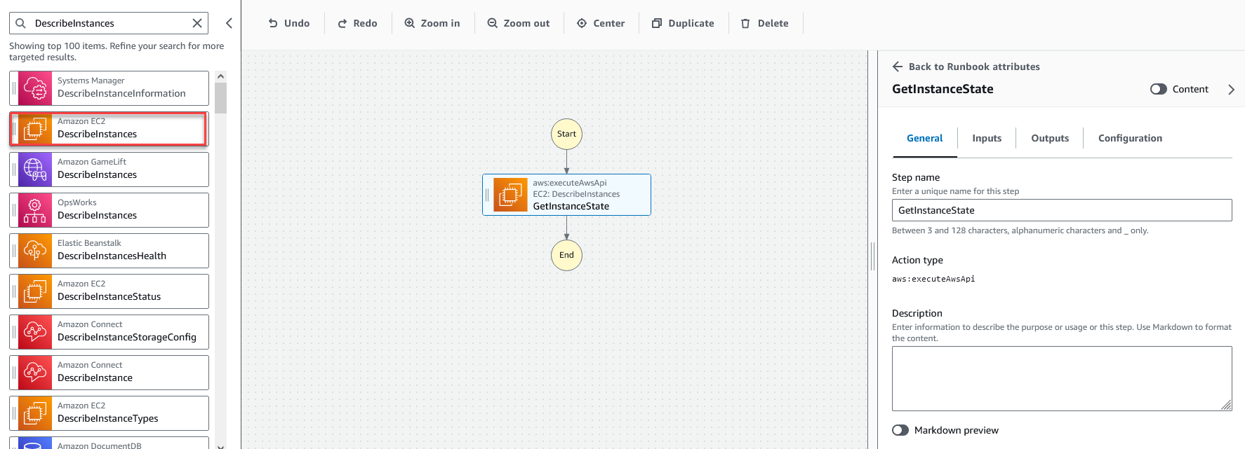 Pilih tindakan API instance Amazon EC2 mendeskripsikan.