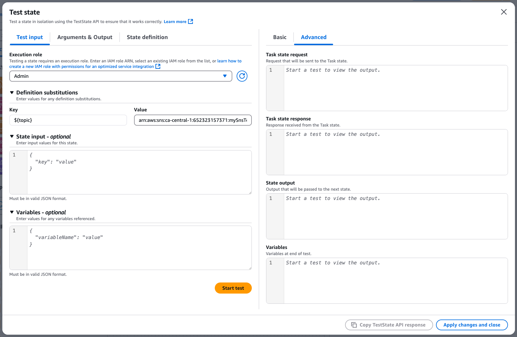UI status pengujian Workflow Studio di Toolkit AWS