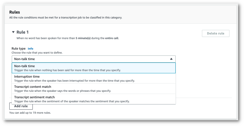 Amazon Transcribe tangkapan layar konsol: panel 'aturan' dengan daftar jenis aturan.