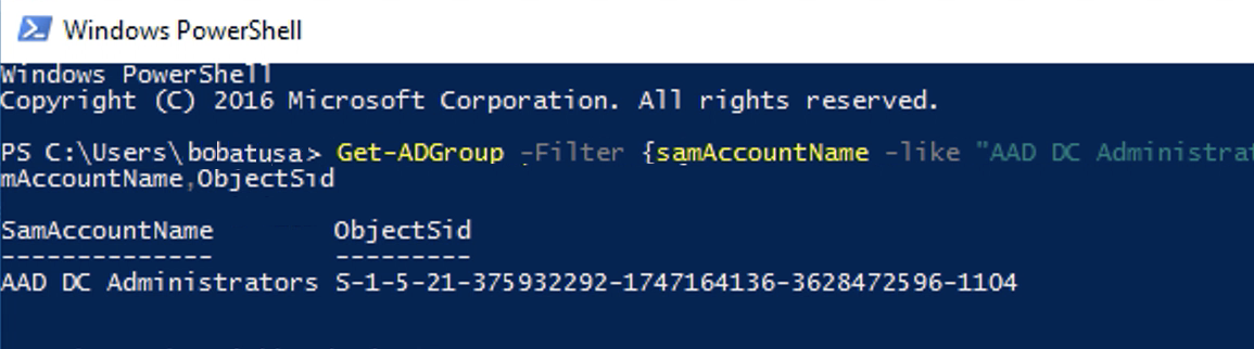 Windows PowerShell menampilkan Object yang SID sedang diambil.