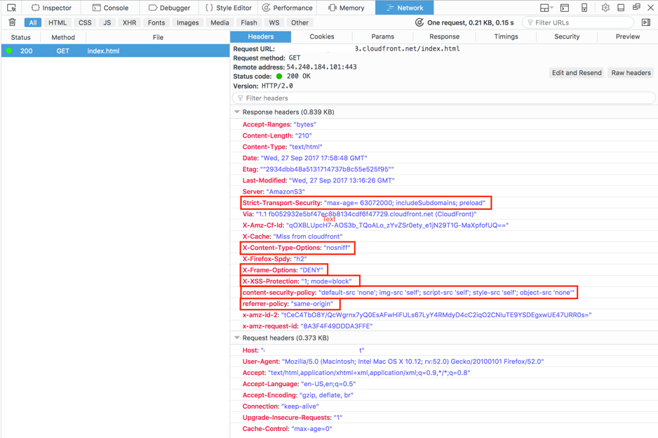 HTTP headers list with the expected security headers highlighted.