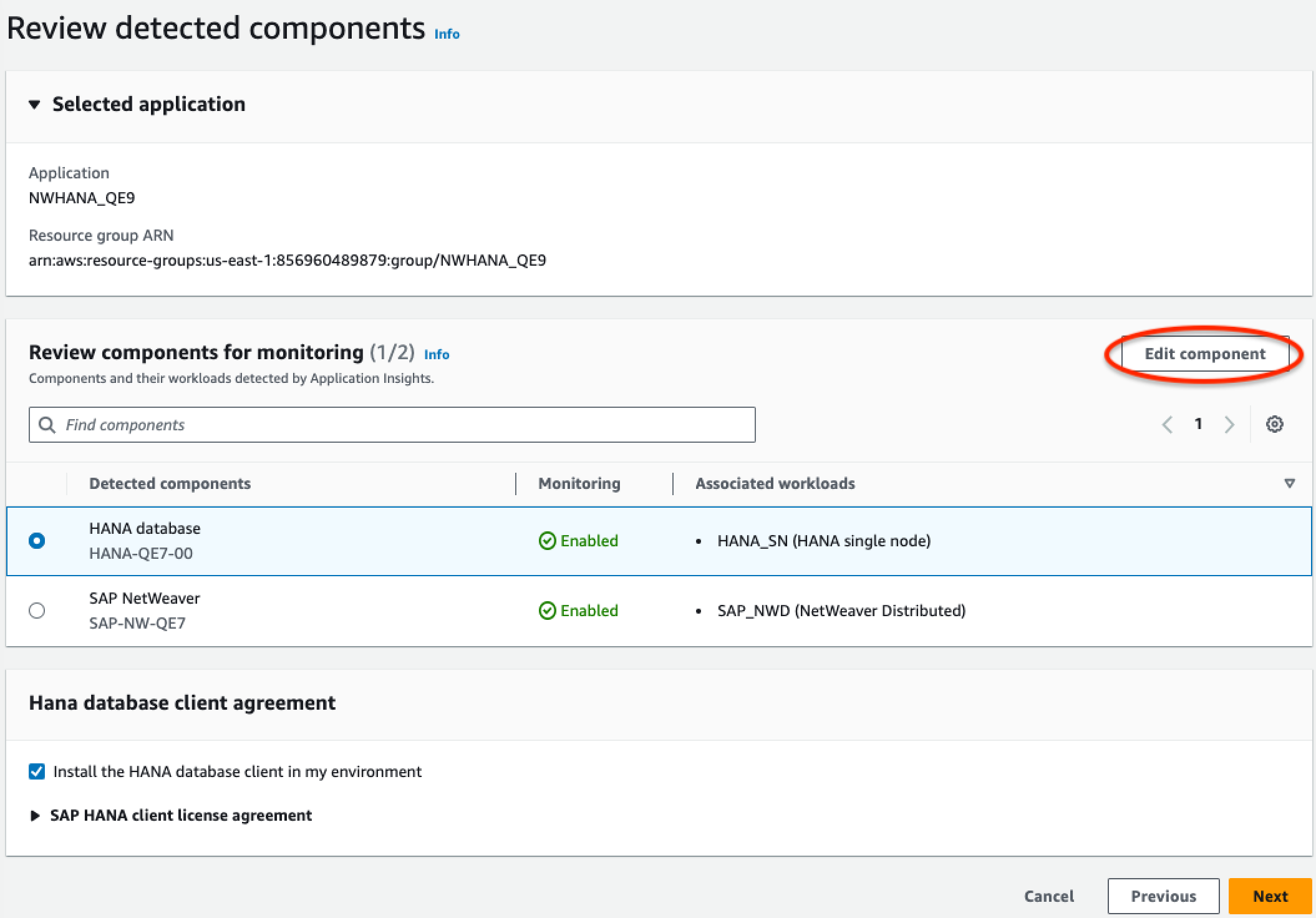 The review components for monitoring page of the CloudWatch Application Insights console: select component to edit.