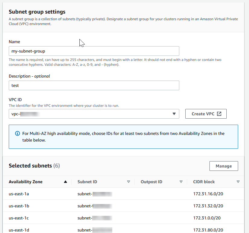 Image: Create Subnet VPC screen