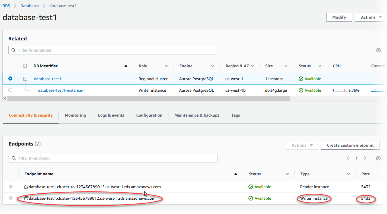 Connectivity & security tab showing endpoint name.