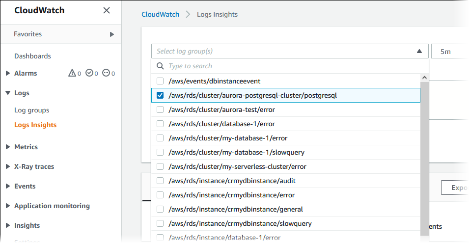 Choose the Aurora PostgreSQL log group.
