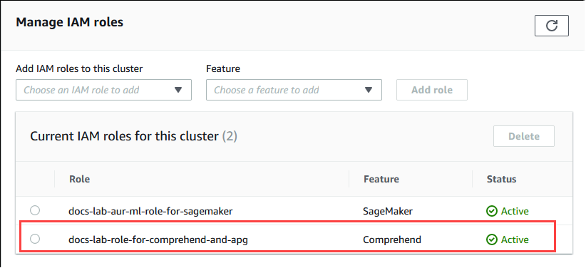 The role for Amazon Comprehend has been added to the Aurora PostgreSQL DB cluster and is now Active.