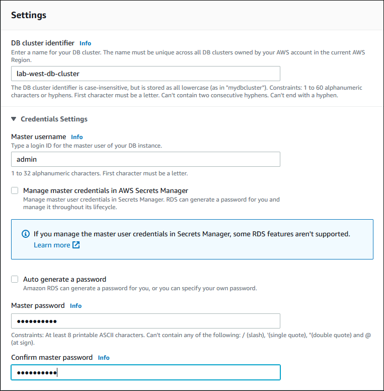 Screenshot of Settings choices when creating a global database.