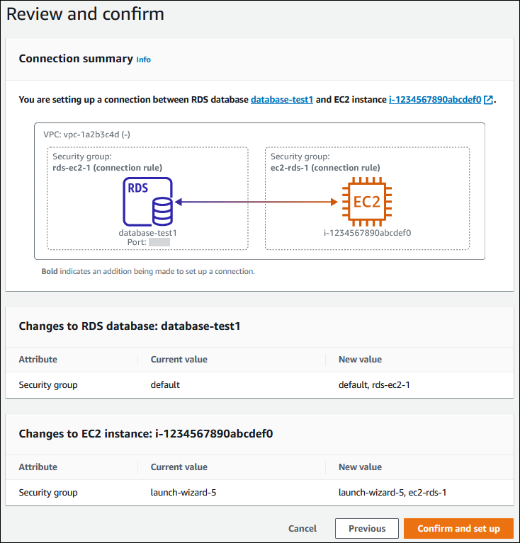 EC2 connection review and confirmation page.
