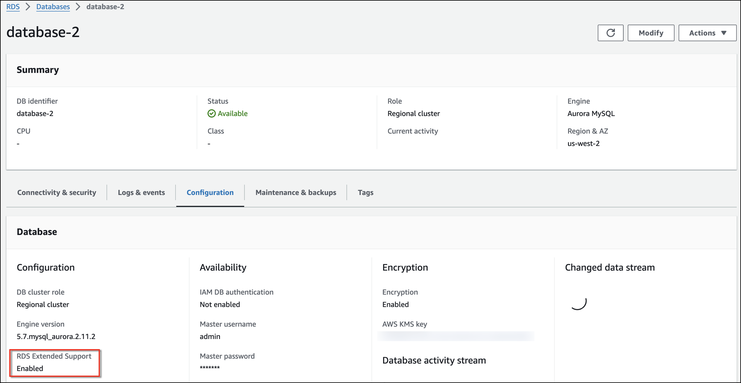 The Configuration tab on a database details page that shows the RDS Extended Support status.