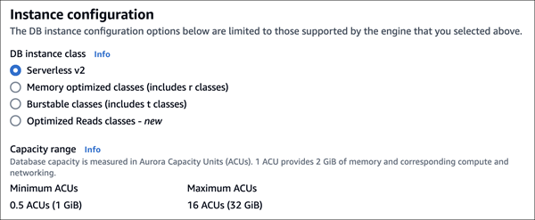 Instance configuration user interface for Aurora Serverless v2.