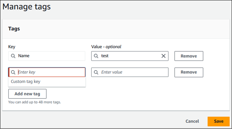 Manage Tags window to add new tags to the report