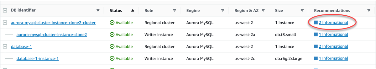 Recommendation option selected on Databases page in the console