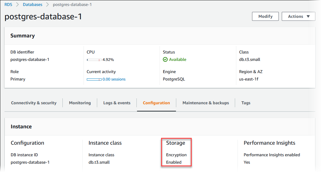 Checking encryption at rest for a DB instance