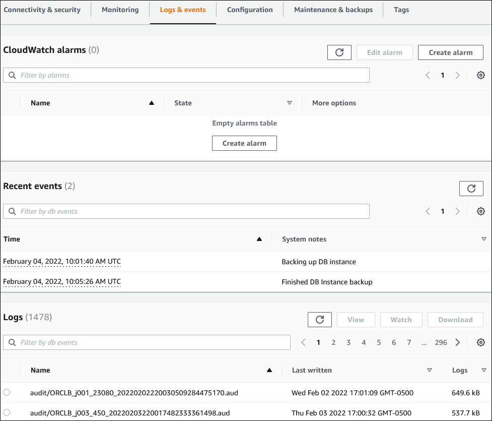 Database page with Logs & events tab shown