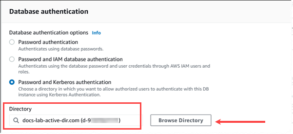Choosing Kerberos for authentication and identifying the directory to use.