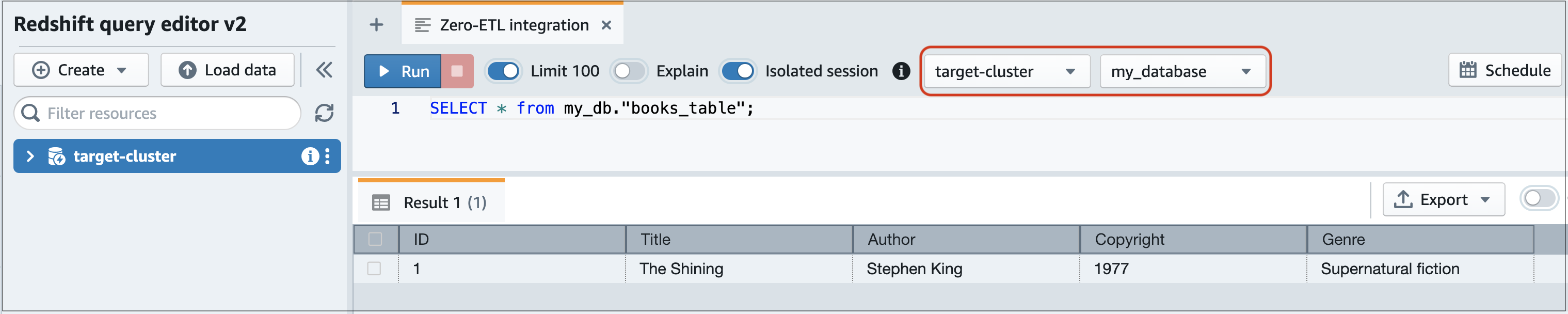 Run a SELECT statement within the Redshift query editor. The result is a single row of sample data that was added to the RDS database.