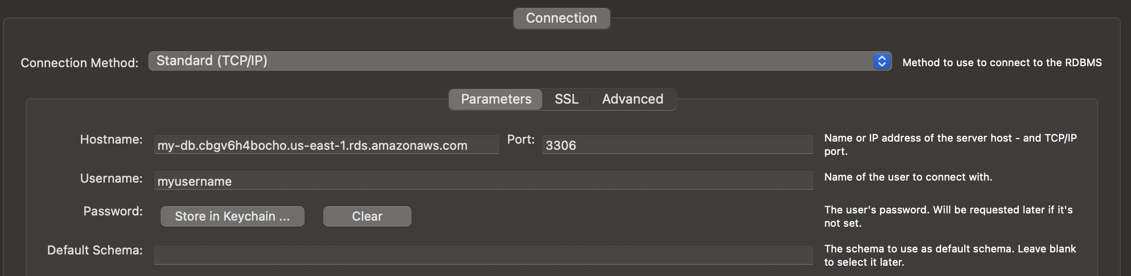 Database connection settings interface with hostname, port, username, and password fields.