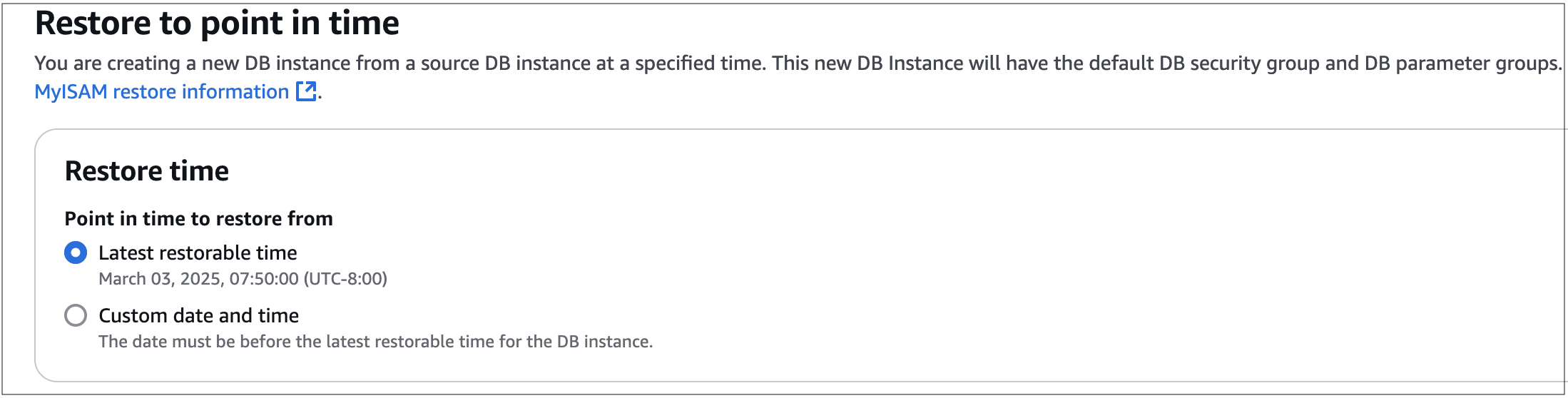 Restore time options for creating a new DB instance from a source DB at a specified time.