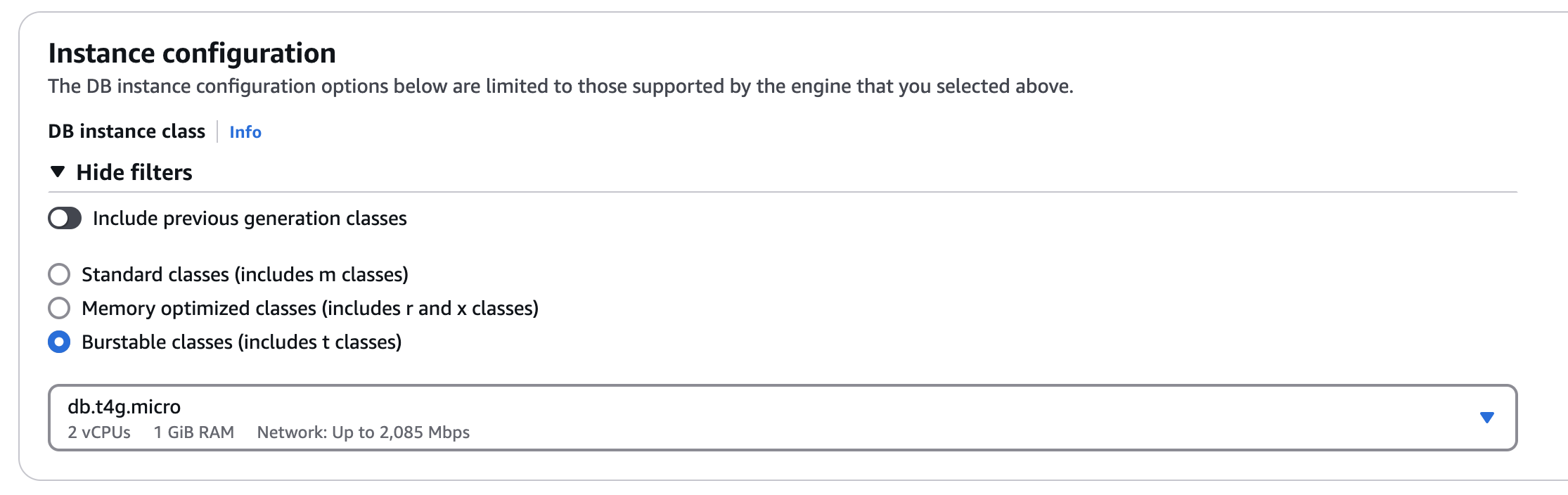 Instance configuration options showing burstable classes selected with db.t4g.micro specs.