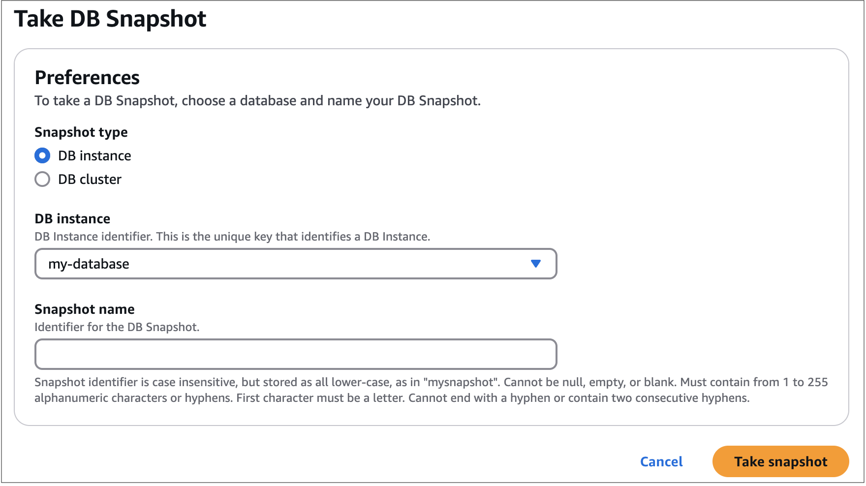 Form for taking a DB Snapshot, showing options for snapshot type and naming conventions.