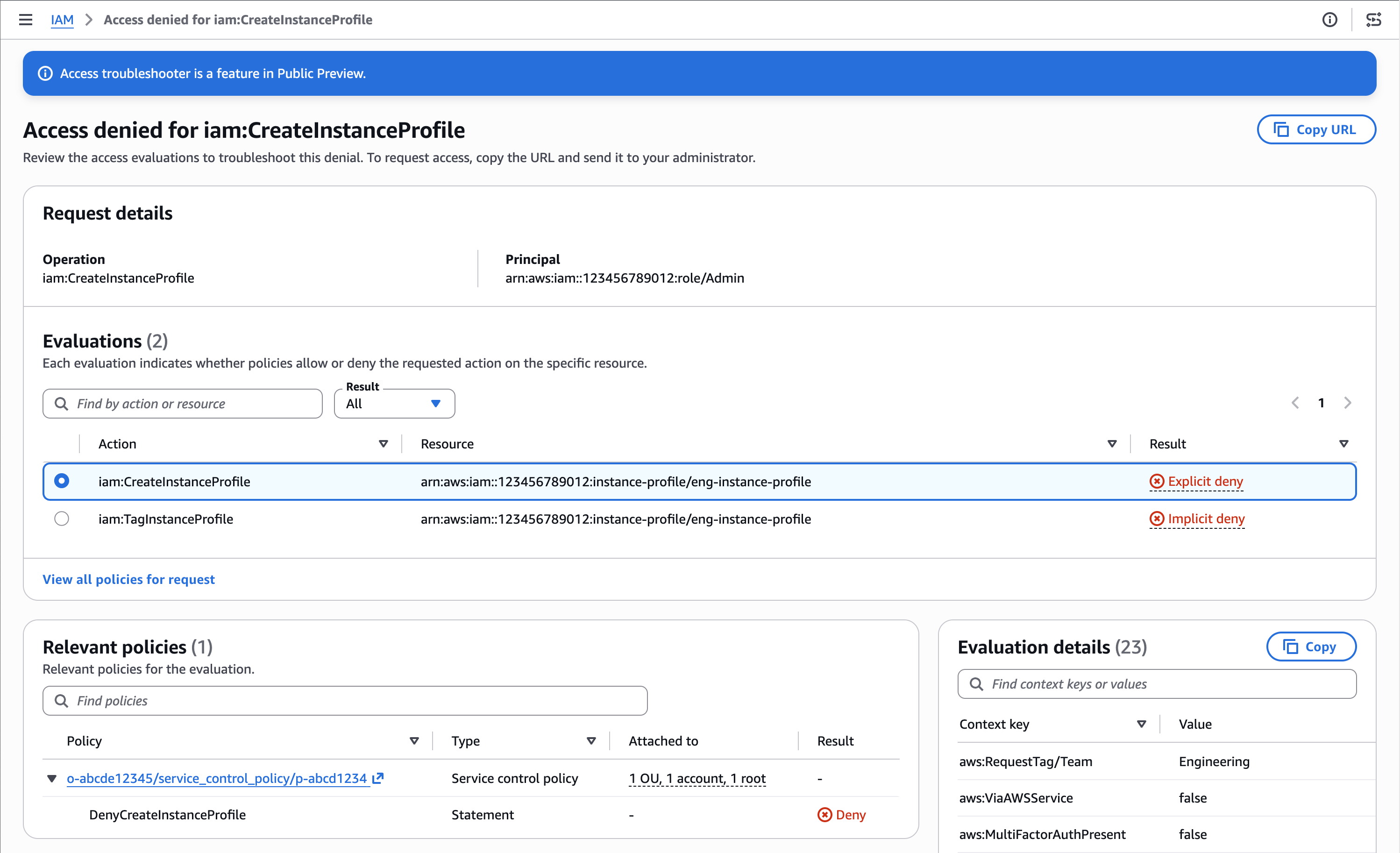 Screenshot of the Access Troubleshooter Console with an explicit deny and an implicit deny.