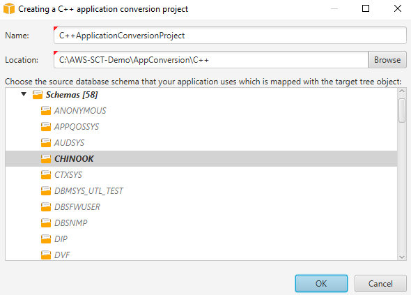The new C++ application conversion project dialog box