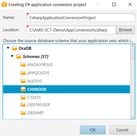 The new C# application conversion project dialog box