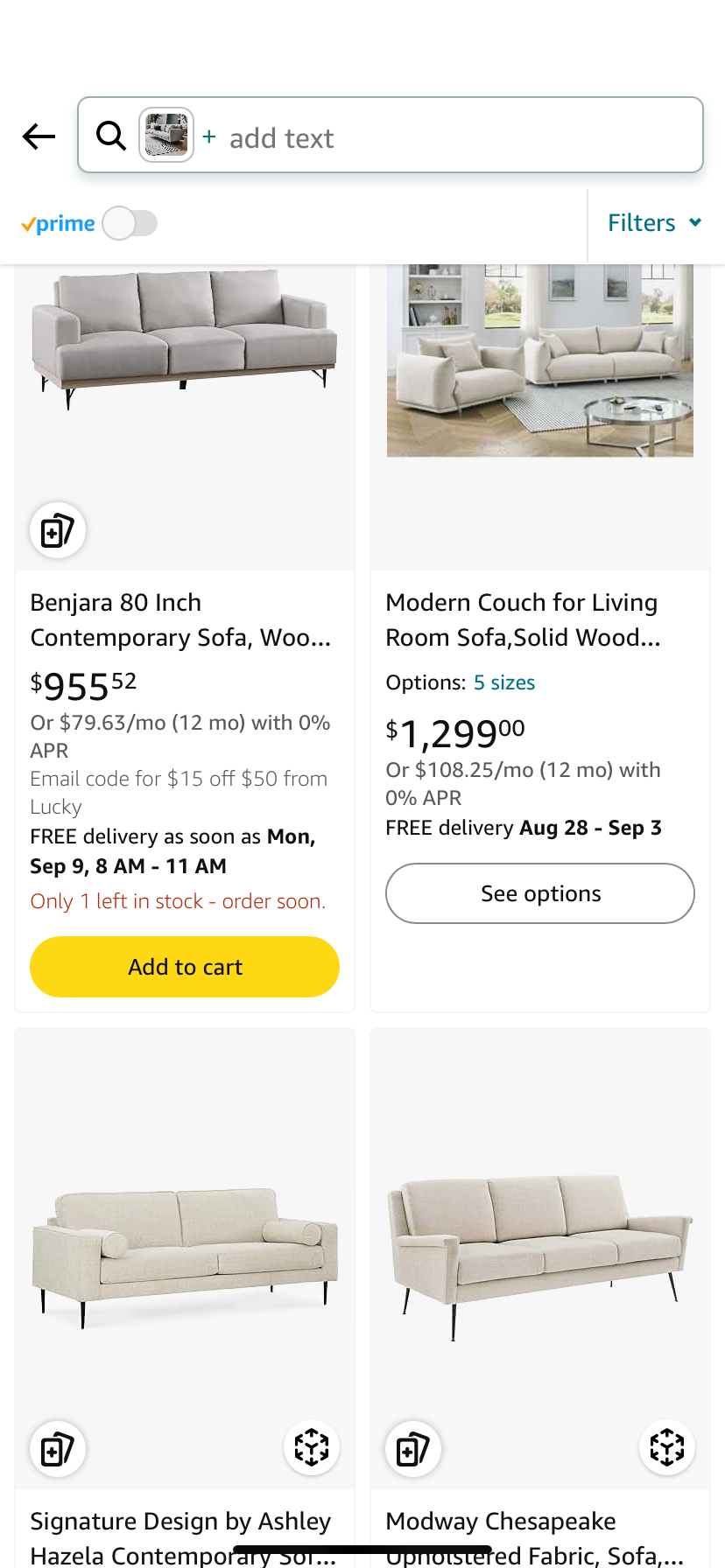Amazon product listing page showing four contemporary sofa options with images, pricing, delivery information, and an "Add to cart" button.