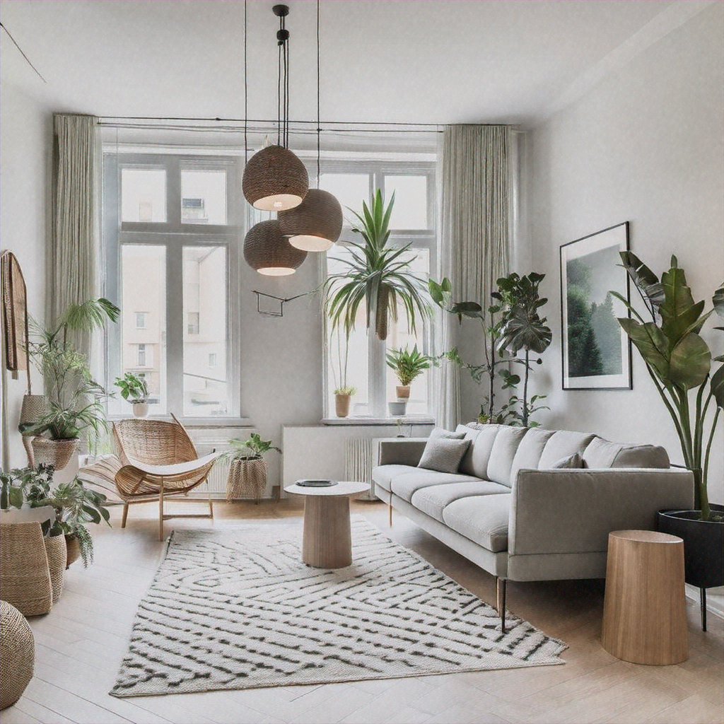Living room with gray sofa, woven pendant lights, potted plants and greenery, patterned area rug, wood stools, and framed artwork.