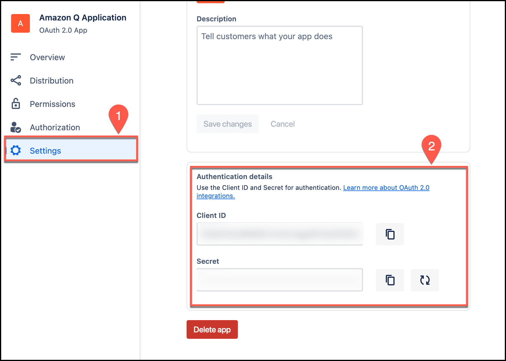 Screenshot of the OAuth application details page showing the client ID and client secret that need to be copied for API authentication with Confluence.