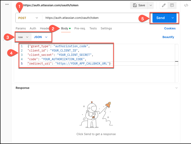 API request interface showing POST method, URL, and JSON body with OAuth parameters.