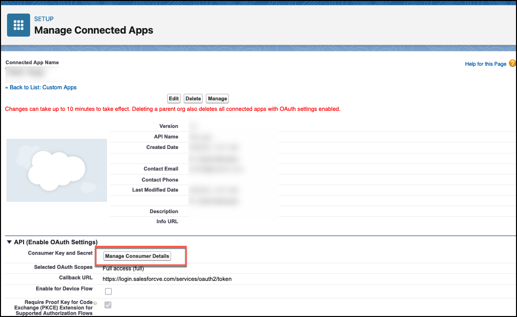 Screenshot of the Salesforce confirmation message indicating that the connected app has been created successfully and will be available after a short delay.